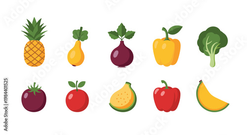 Collection of flat style icons representing various fruits and vegetables like pineapple, apple, pepper, and broccoli on white.