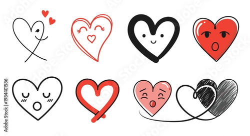 Set of eight unique heart illustrations with various facial expressions and artistic styles including doodles and sketches.