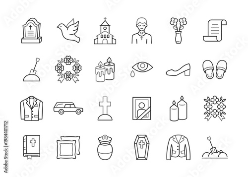 Funeral agency line icon collection. Hearse, coffin, dove, church, gravestone, wreath, suit, bible, priest vector color cymbol.