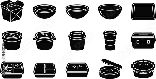 Food Container Icon Set Featuring Various Bowl, Box, and Takeout Container Designs for Packaging, Meal Prep, and Food Storage