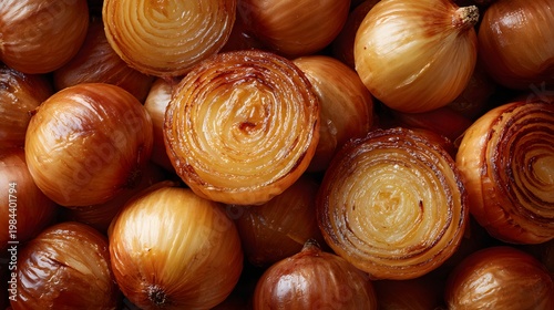 Close-up of Golden Roasted Whole and Halved Onions Top View Full Frame