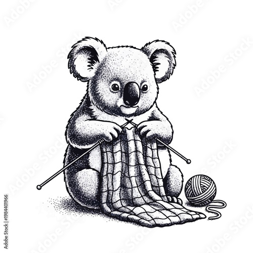 Koala bear holding knitting needles making.