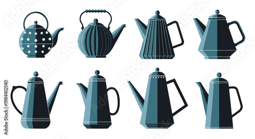 Diverse collection of stylized blue and grey teapot icons with different artistic shapes and patterns including dots and vertical stripes.