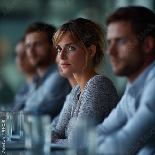 Poised in Perspective: A thoughtful woman gazes attentively while sitting amid a lineup of colleagues, in a contemporary business environment, representing focus and insight.
