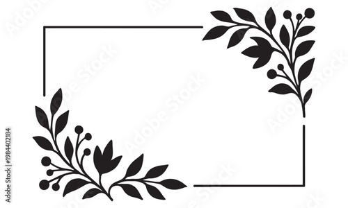 Tableau sur toile Elegant Black Floral Border Vector Frame with Leaves and Berries