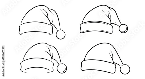 Four different outlines of traditional festive Santa hats shown in a clean black and white line art style for coloring or design projects.