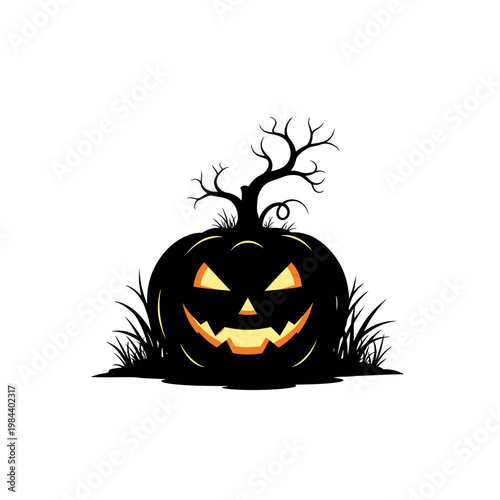 Spooky Halloween Jack o Lantern Vector with Dead Tree Silhouette