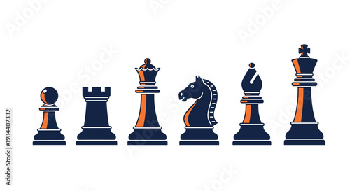 Set of professional chess pieces including pawn rook knight bishop queen and king in a modern dark blue and orange flat vector style.
