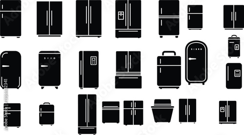 Refrigerator Icon Set Featuring Various Designs, Sizes, and Styles for Home Appliances, Kitchen, and Household Designs