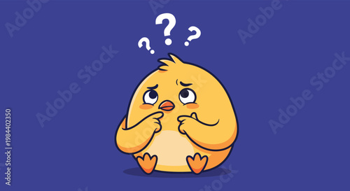 Confused small yellow chick character looking up at several white question marks floating over its head on a solid dark purple background.