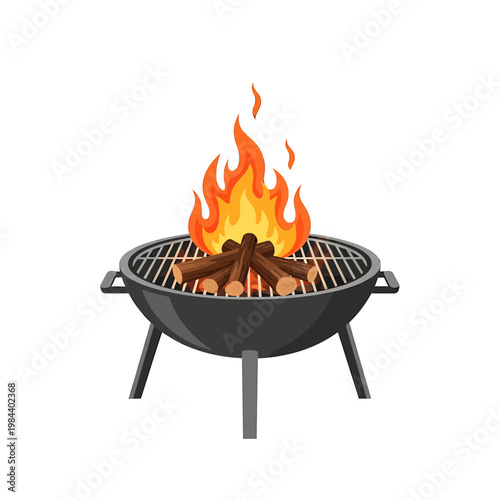 Barbecue Grill with Burning Wood Fire Illustration