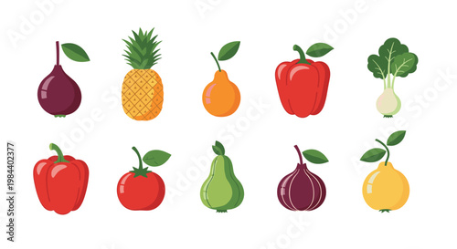 Assorted vector illustrations of various fresh fruits and vegetables like pineapple pear red peppers tomato and purple fig on white.