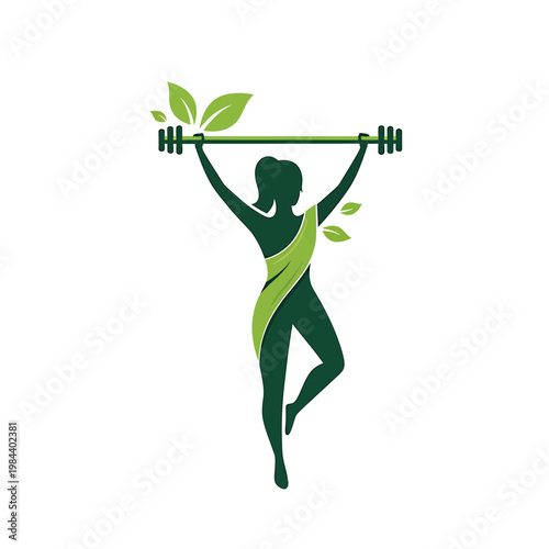 Woman silhouette lifting barbell with green leaf elements
