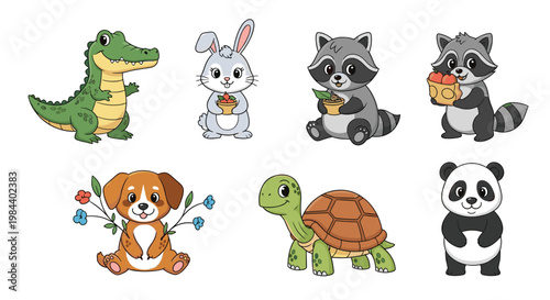 Collection of adorable cartoon animals including a crocodile bunny raccoons puppy turtle and panda sitting happily and smiling together.