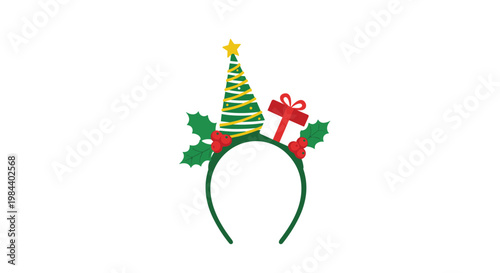 Festive Christmas headband accessory featuring a small decorated tree red gift box green holly leaves and berries on a dark green band.