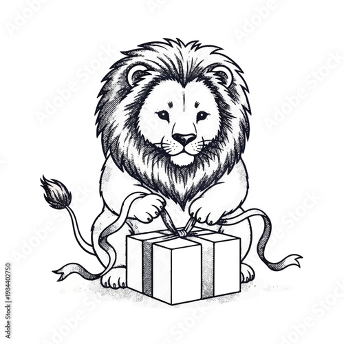 Lion Unwrapping a Gift Box.