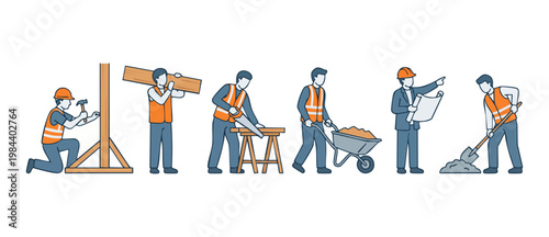 Construction Workers Team Activity Outline Icon Set, Engineering Professionals Building Site Tasks, Infrastructure Maintenance Concept, Industrial Laborers Working with Tools and Blueprints in Vector