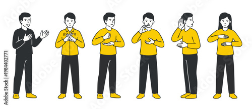 Sign Language People Icons Set Communicating with Hand Gestures and Body Expressions for Deaf Culture Inclusion and Nonverbal Communication Concept Art Design Isolated on White Background Vector Illus