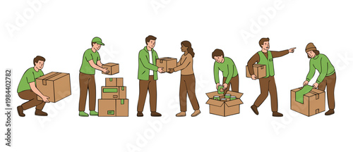 Volunteers packing cardboard boxes for food drive and charity donation concept. Set of diverse people working together, sorting groceries, and preparing relief packages for community assistance suppor