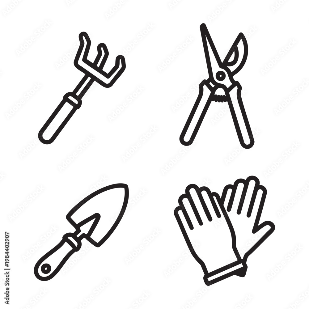 Fototapeta premium Garden Tool Bold Line Art icon set with Rake Shears Trowel Gloves