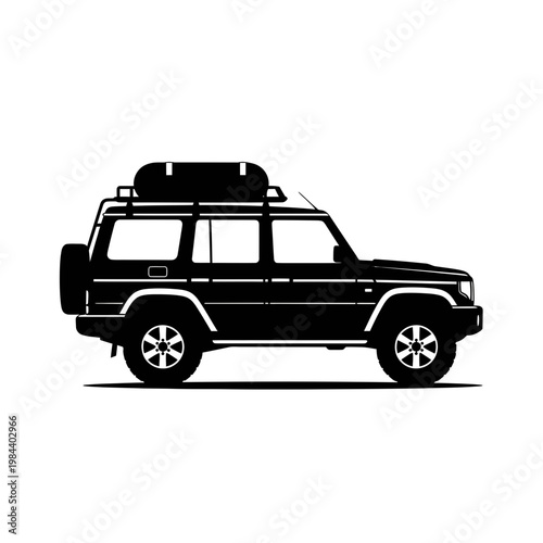 Black Silhouette of an Off-Road SUV with Roof Rack Box Vector