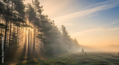 Misty forest sunrise with sunbeams filtering through trees and fog creating a serene and tranquil natural landscape atmosphere