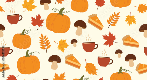 Seamless autumn season pattern featuring orange pumpkins fallen leaves slices of pie and cups of steaming hot coffee on a cream base.