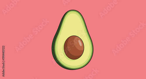 Detailed cross section of a ripe green avocado showing the large smooth brown seed in the center against a solid bright pink background.