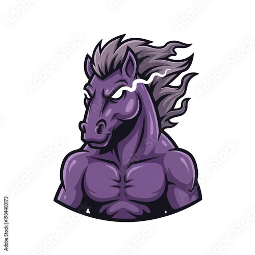 Muscular purple horse cartoon character.