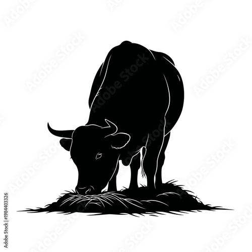 Black Silhouette Vector of a Grazing Cow on White Background