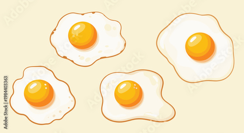 Four delicious sunny side up fried eggs with bright yellow yolks and white edges arranged neatly on a light beige pastel background.