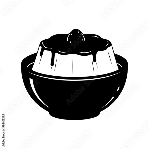 Black and White Pudding Dessert Illustration with Strawberry