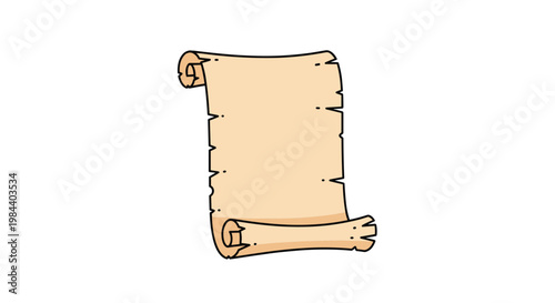 Illustration of a classic aged paper scroll with tattered edges and rolled ends isolated on a plain white background for text space.