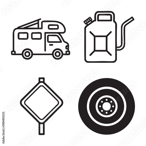 Road Trip Bold Line Art icon set with Camper Van Gas Can Sign Tire
