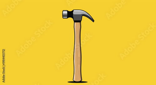 Realistic vector illustration of a traditional metal claw hammer with a light wooden handle shown on a bright solid yellow backdrop.
