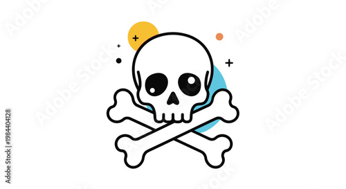 Stylized cartoon skull and crossbones icon with big cute eyes and decorative colorful circle shapes in the background for kids theme.