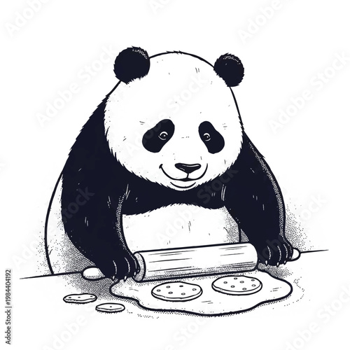 Panda rolling out dough cookies.
