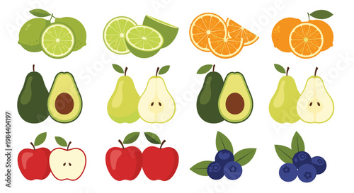 Extensive set of sliced fruit illustrations including lime orange avocado pear apple and blueberry pairs on a plain white background.