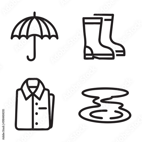 Rainy Summer Bold Line Art icon set with Umbrella Boots Coat Puddle