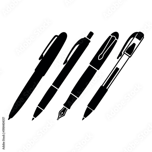 Set of four different pen silhouettes isolated on white background.