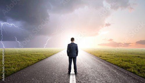 A person standing at a crossroads with one path dark and stormy and the other bright and open under golden hour light, metaphor for life choices and courage