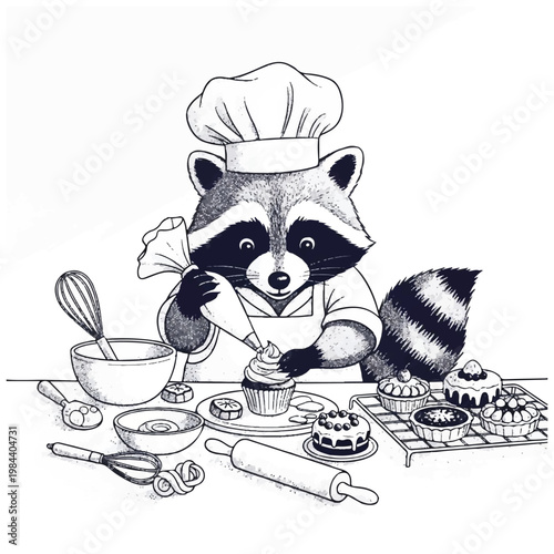 Raccoon chef baking cupcakes sweetly.