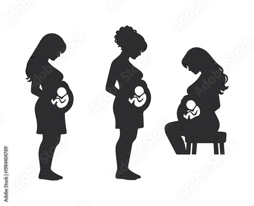 Pregnant women silhouettes, expecting mothers with visible fetus, prenatal care and pregnancy journey vector set, black and white graphic resource for healthcare and family planning.