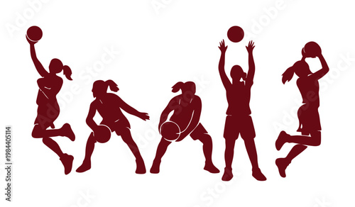 Dynamic women's basketball player silhouettes, a vector collection of female athletes in action, dribbling, shooting, and jumping, ideal for sports branding and team graphics.