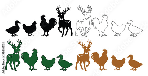 Rustic Farm Animal Silhouettes, Deer, Rooster, Chicken, and Duck Vector Set. Elegant Wildlife and Domestic Fowl Graphics for Nature-Inspired Designs, Craft Projects, and Branding.