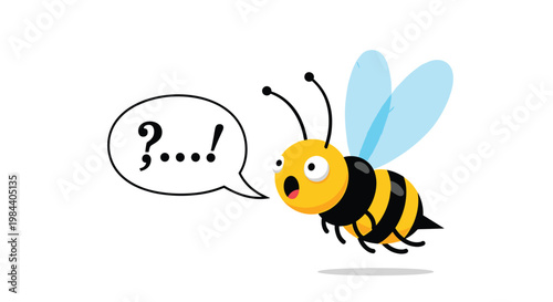 Cartoon honey bee looking shocked with an open mouth and a speech bubble containing punctuation marks on a plain white background.
