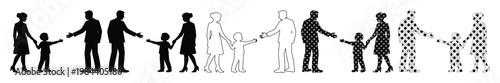 Diverse family silhouettes, black and white vector illustration. People holding hands, representing unity, support, and connection. Ideal for social issues, community, and relationship concepts.