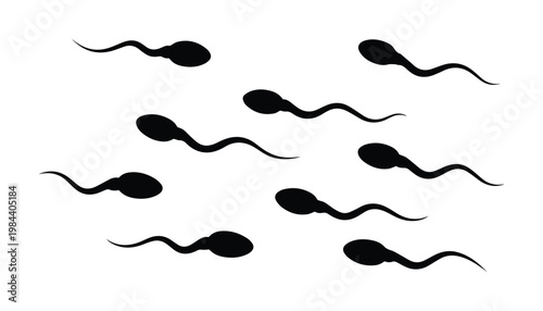 Black sperm cells, human reproduction concept, fertility and conception illustration, medical biology vector graphic for health and science.