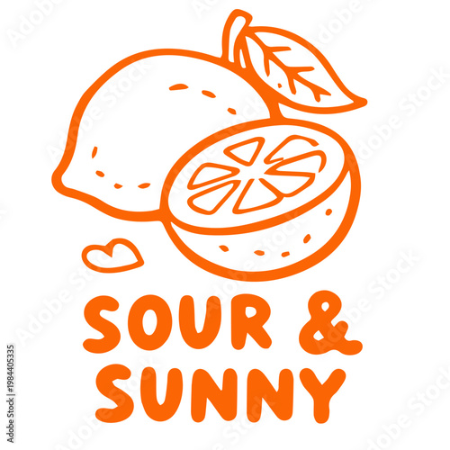 Lemon sour and sunny doodle illustration with whole and sliced citrus fruit

