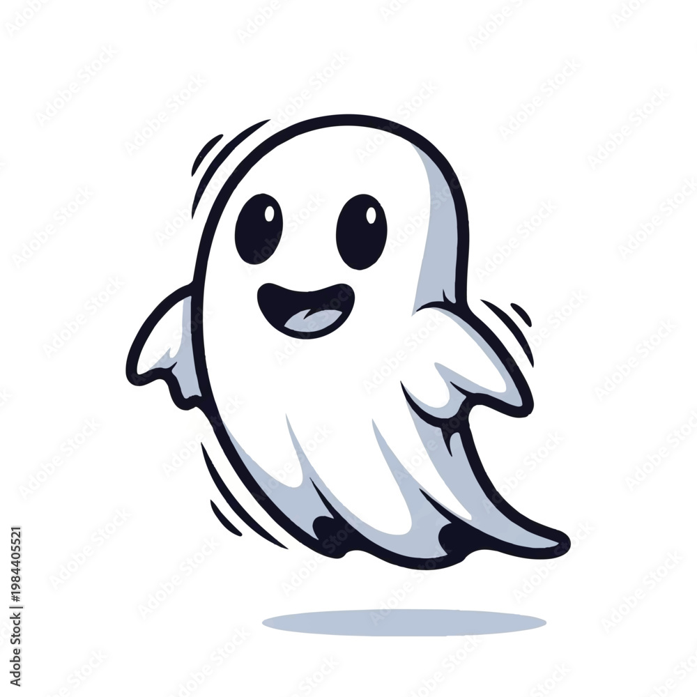 Fototapeta premium Smiling cartoon ghost character flying fast.